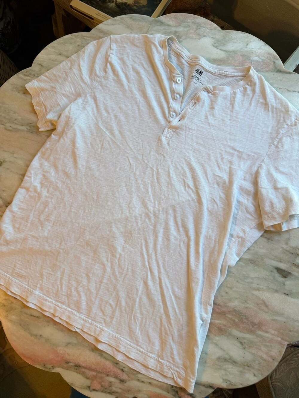 H&M White Henley Regular Fit Cotton T-Shirt Size M - Picture 2 of 7
